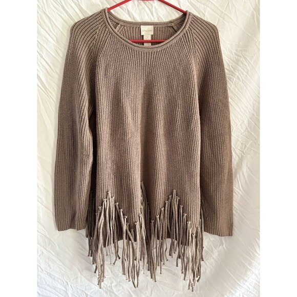 Chicos Drama Fringe Sweater Tan Brown Shimmer Rib Knit Large Chic Western - Picture 1 of 7